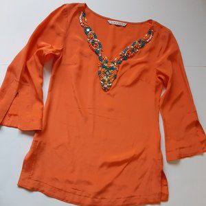 👚Trina Turk  100% Silk Orange Beaded V Neck Tunic Top Blouse